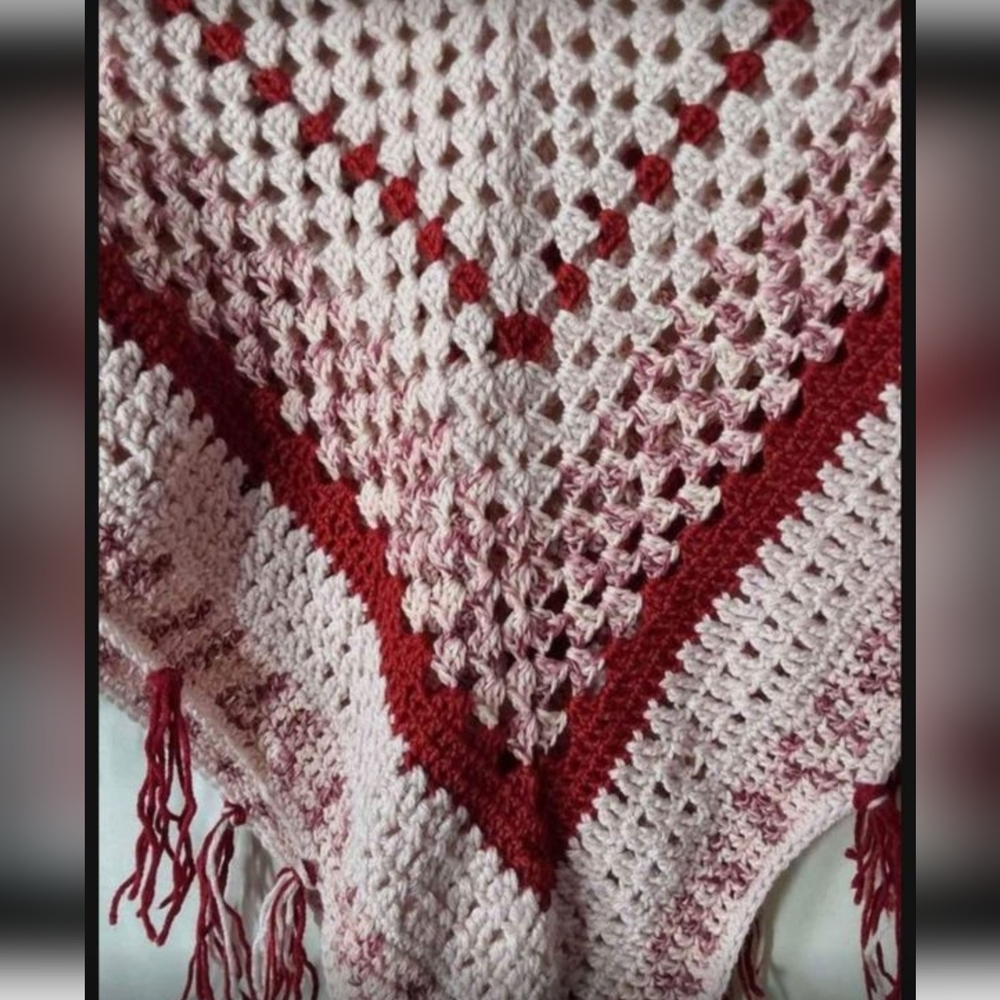 Crochet Poncho, Girl's size Large Pink and Red Colors Handmade Crochet Poncho - Picture 6 of 7